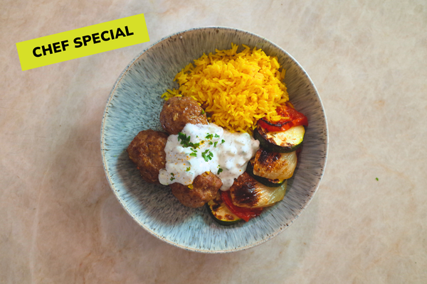 LAMB & BEEF BOULETTES, RATATOUILLE VEGETABLES AND LEMON TURMERIC RICE