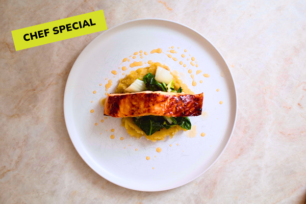 Honey ginger glazed salmon, sauteed bok choy, mashed maple sweet potato, mandarin honey drizzle