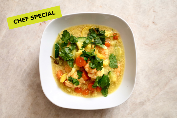 Ginger-turmeric shrimp curry, seasonal vegetables, and a coconut curry broth